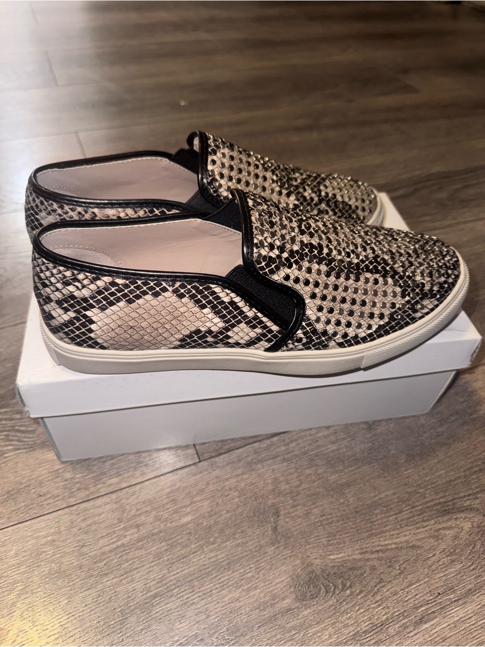 Steve Madden Snake-Print Slip-On Sneakers in Beige and Black